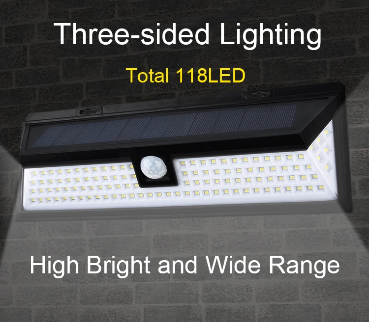3 режима 118 LED водонепроницаемый Солнечный свет сада уличный светодиодный светильник на солнечной батарее на открытом воздухе датчик движения настенный светильник на солнечной батарее