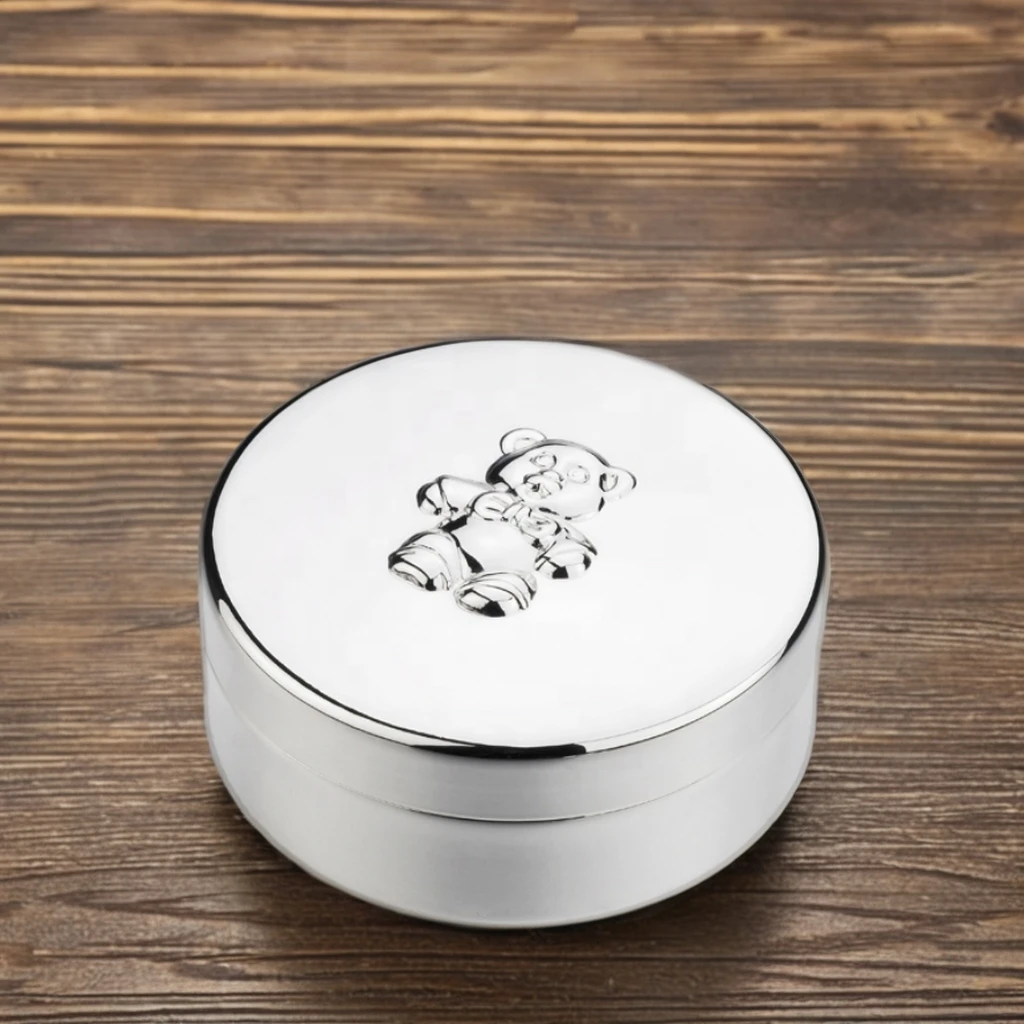 Elegant Design Metal Round Box Mini Teddy Bear Trinket Box Silver Bear Pattern Keepsake Box for Personalized Gift