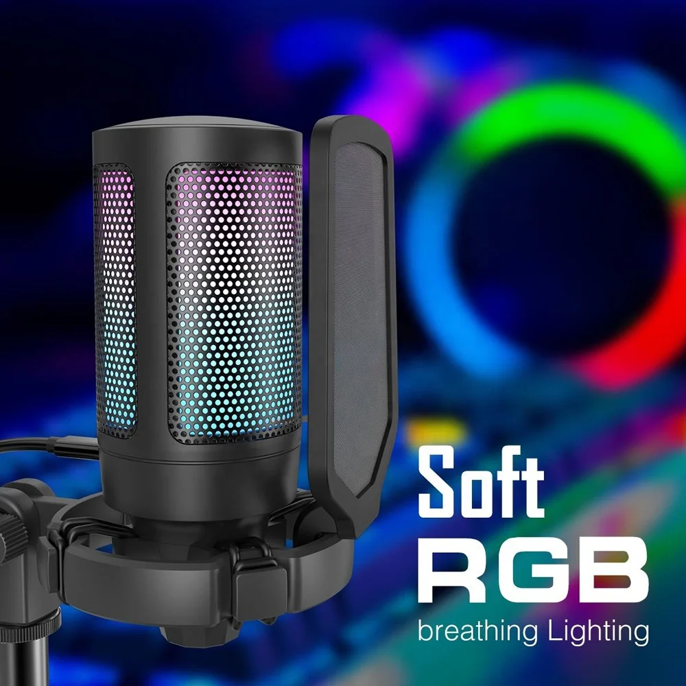 Factory Wholesale Professional Studio Recording Desktop USB Podcasting Live Stream RGB Gaming Condenser Microphone for Karaoke
