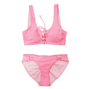 Wholesale Hollow Desgin Beachwear Swimsuit for Women Sexy Two Pieces Striped Bathing Swimming Suit with Low-Rise Bottoms