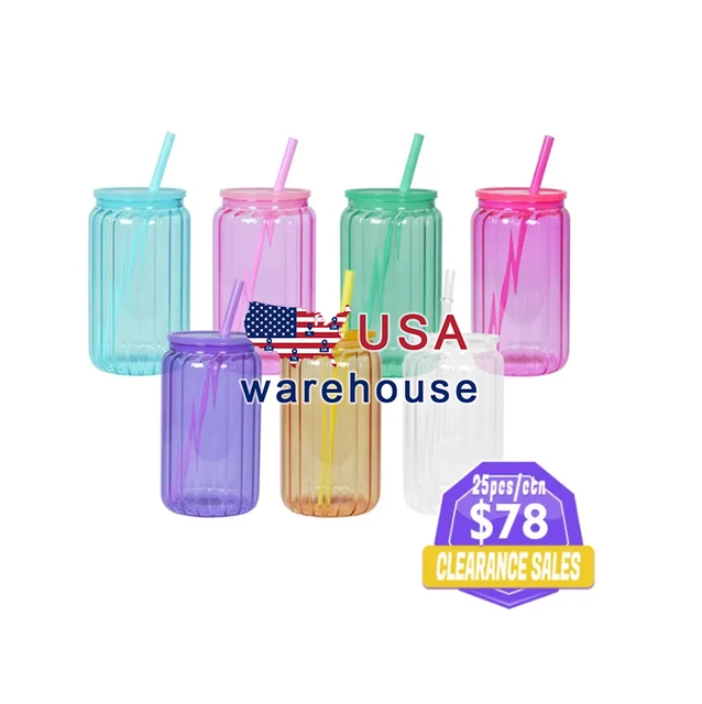 USA for sale 16oz clear glass can vase bottle colored high quality strip wave glass tumbler with lid and straw 25pcs/case