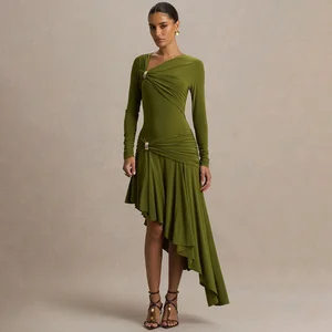 Autumn 2026 New Fashion Vintage Elegant Slim Fit Bodycon Sexy Ruched Irregular High Waist Dress Hip-Shaping