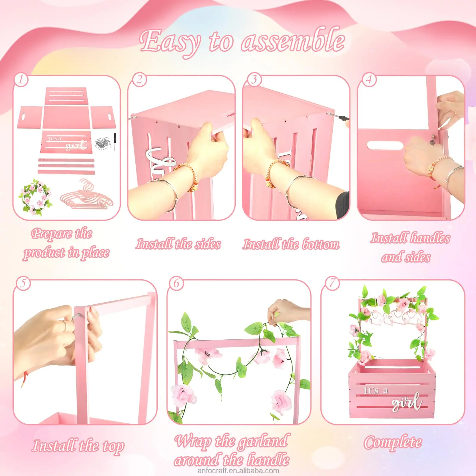GWCYMYD Babyshower krat kast, houten babymand met 10 hangers en groene
