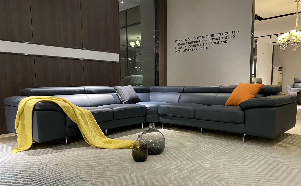 Genuine Leather Sofa Chaise Lounge With Headrest Function L Shape