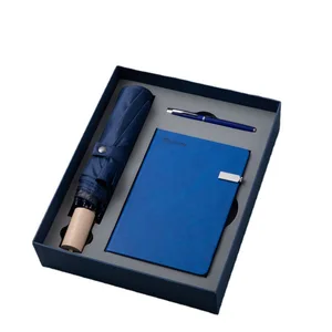Wholesale Custom Logo Business Conference Gift Umbrella With Wooden Handle Pu Leather Notebook With Stationery Set
