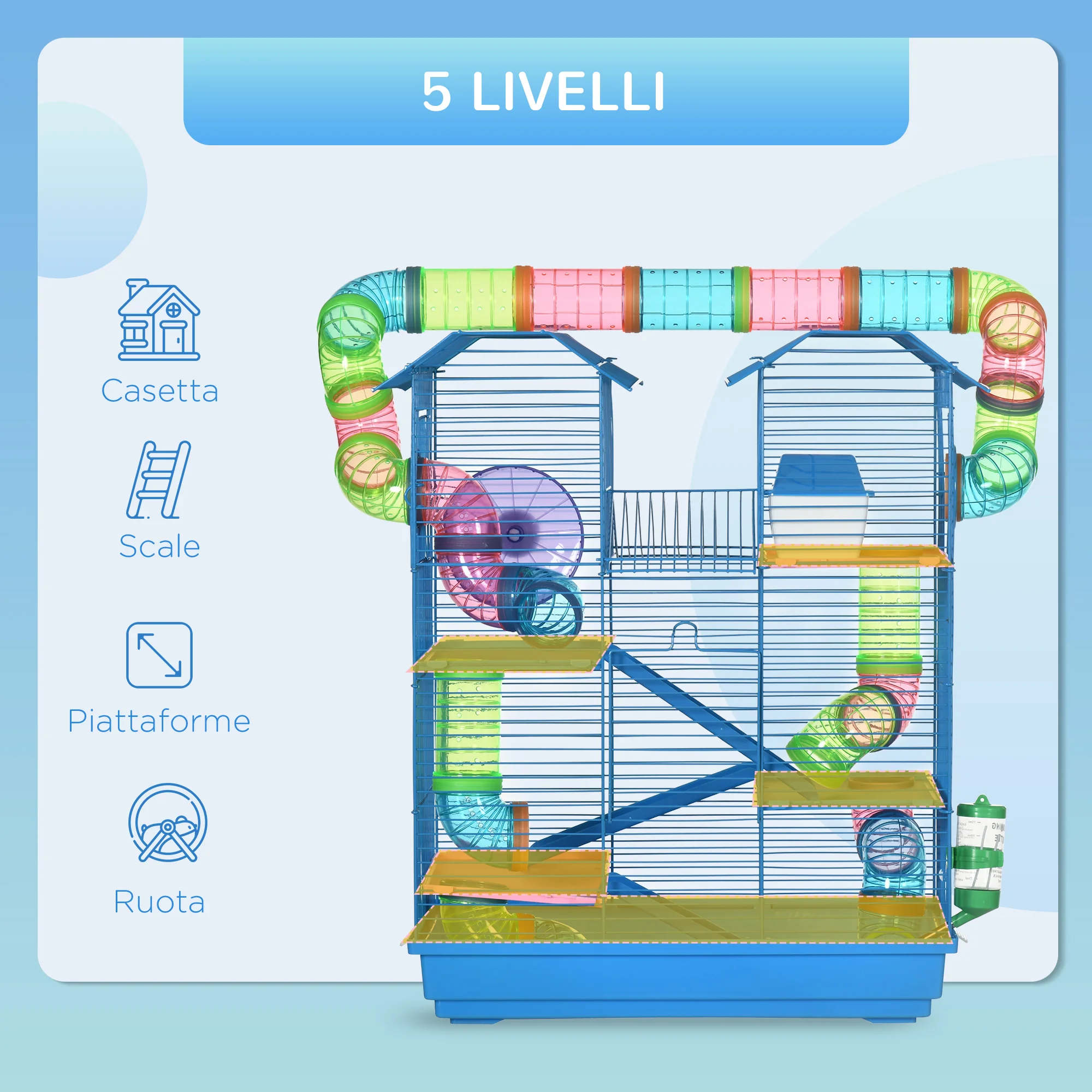 PawHut 5-Storey Hamster and Rodent Cage with Colourful Tubes, Wheel, House and Accessories Included, Blue, 47x30x59cm