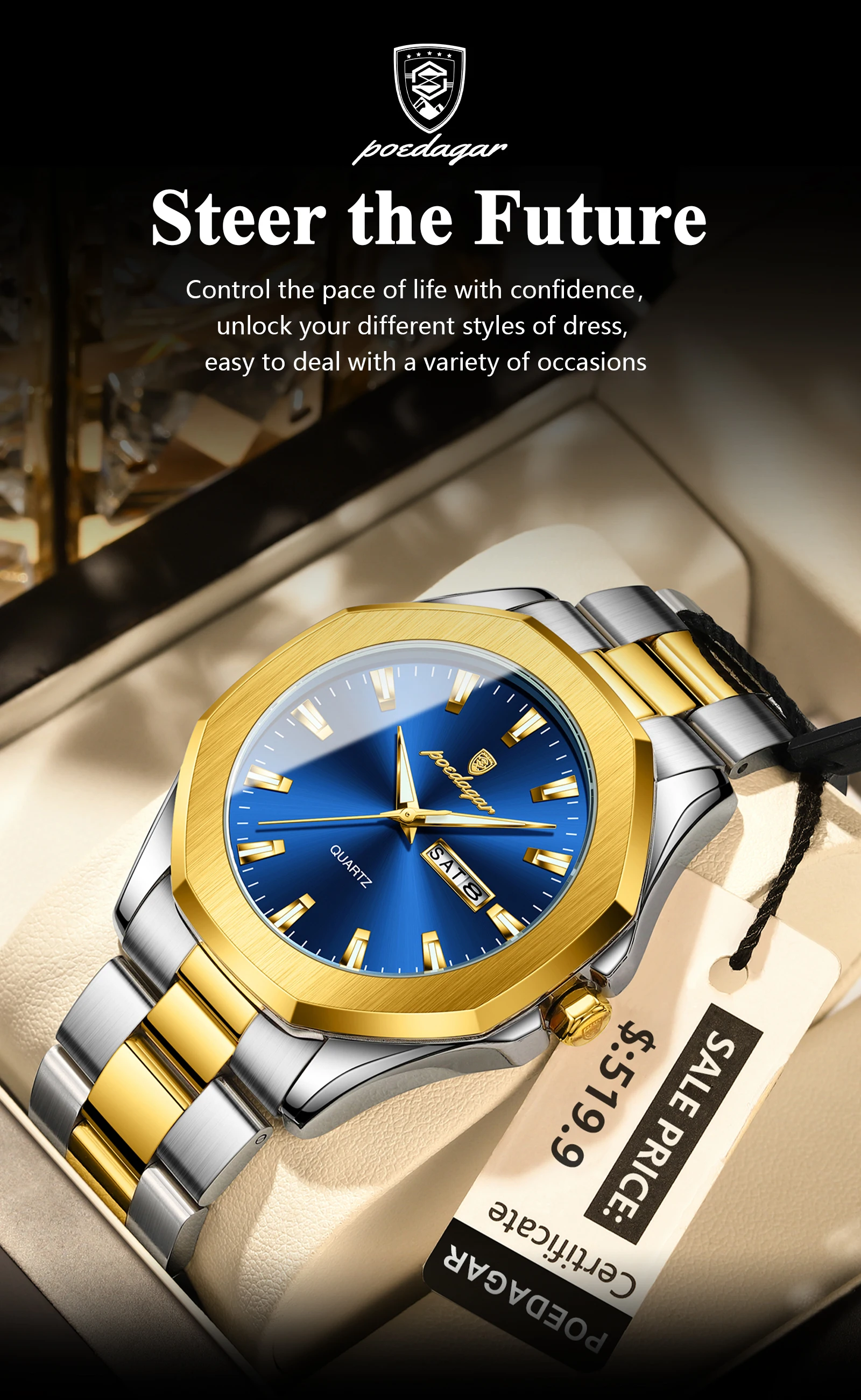 POEDAGAR 875 Men Waterproof Luminous Hands Watch Sport Stainless Steel Wristwatch Original Quartz Men's Dual Calendar Watches