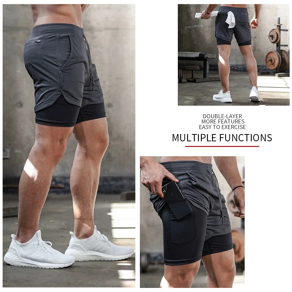 2023 Pantaloni scurți de alergare Mannen 2 în 1 Dubbeldeks Pantaloni scurți de sport de gimnastică cu uscare rapidă Fiess Pantaloni scurți de antrenament pentru jogging mannen Sport Korte648_voghion.com