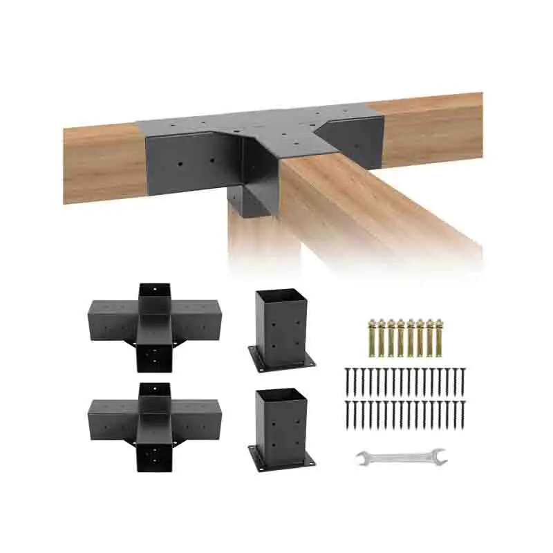 Kit Staffe per Pergola, Supporto per Pali in Legno da Carpenteria Angolari a 4 Vie per Travi Fai da Te, Kit Staffe Include 2 spalle per staffe 2 Basi per legname 4x4
