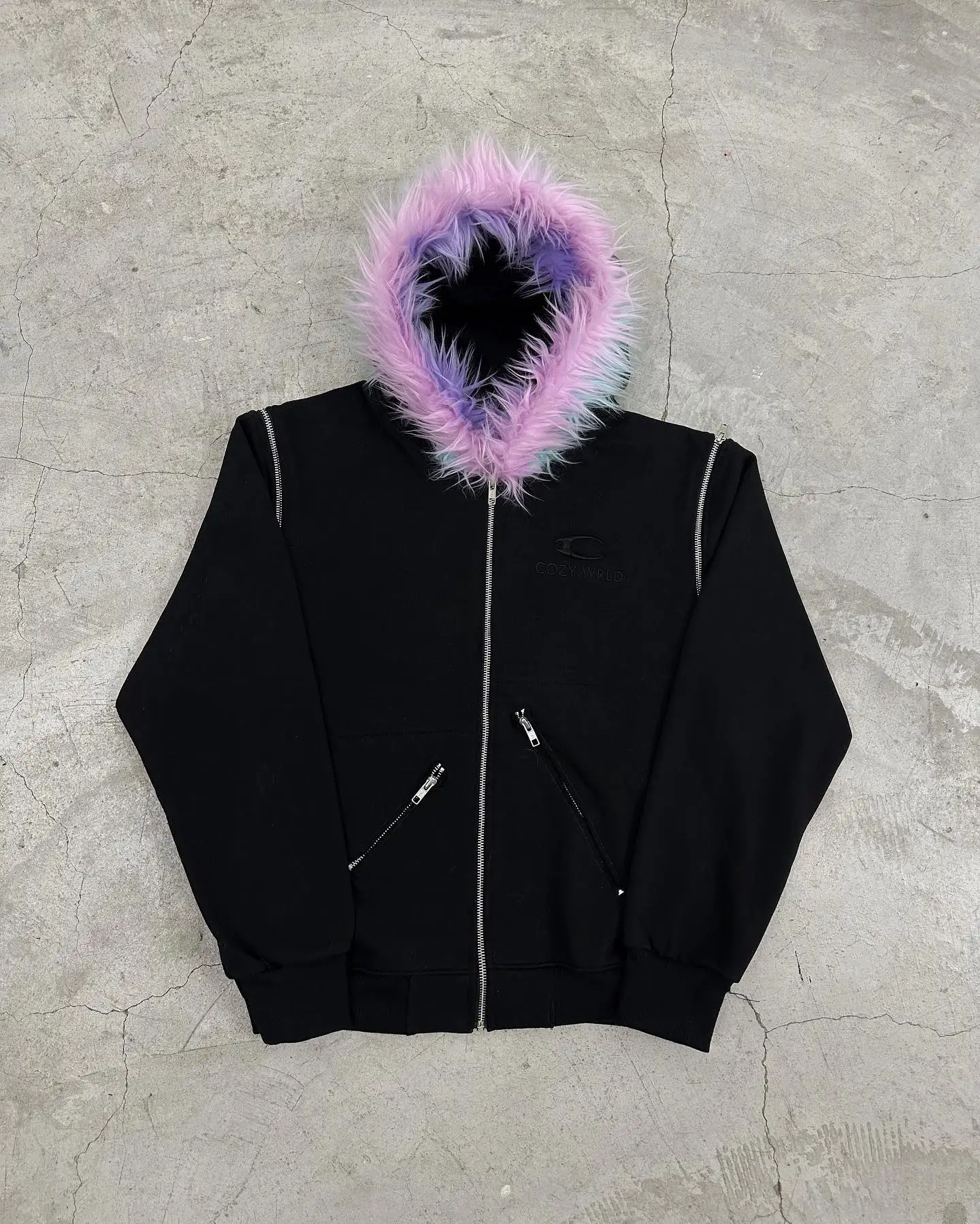Customized Street Wear Oversized Blank Detachable Sleeve No String Cotton French Terry Zip up Faux Fur Hood Jacket Hoodie Men gallery 8
