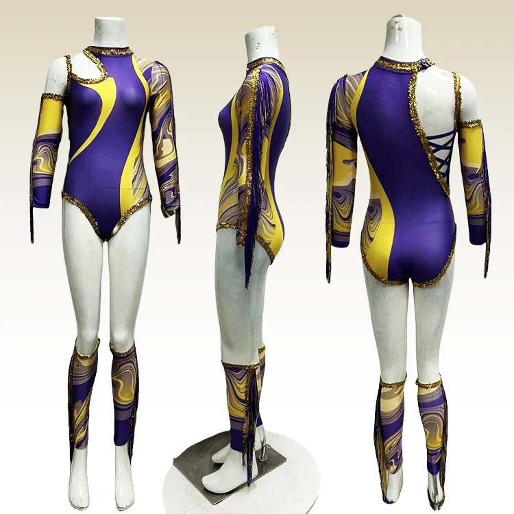 Normzl Wholesale Dancing Leotard Dancewear Yellow Purple Fringe Cheerleading Costume Majorette Dance Team Uniforms Dance Outfits