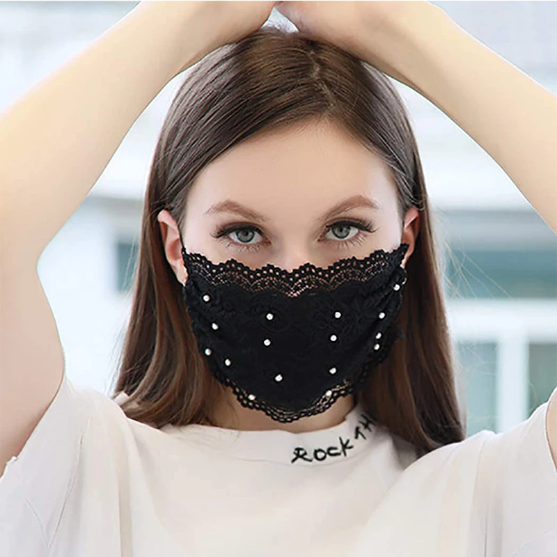 Fashion Lace Masks Masquerade Masks Reusable and Washable Cotton Lace Pearl Face Masks