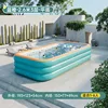 Piscina inflable de 26 m, 3 niveles, fondo plano, azul y naranja.