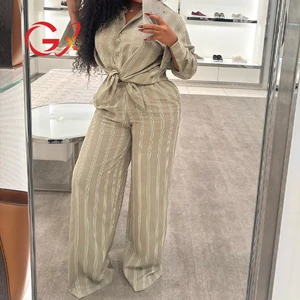 GX6875 Fashion 2026 Spring Clothing Vendor Sexy Street Wear Women Long Sleeve Turn Down Neck Shirt and Wide Leg Pant 2 Piece Set