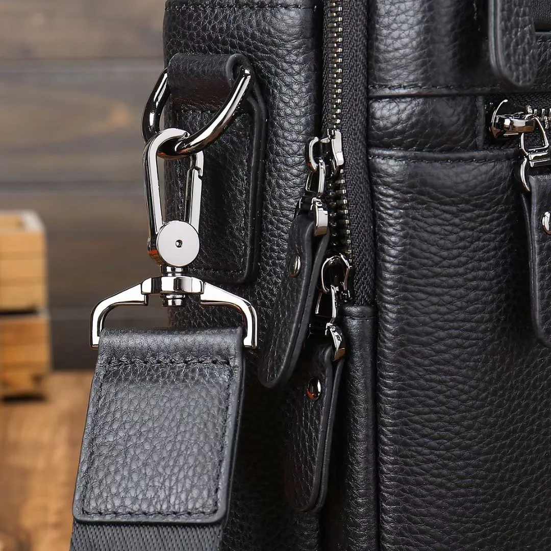 Cow Leather 15.6 Inches Case Messenger Business Bag for Office Man Real Black Pebble Genuine Leather Computer Laptop Briefcases