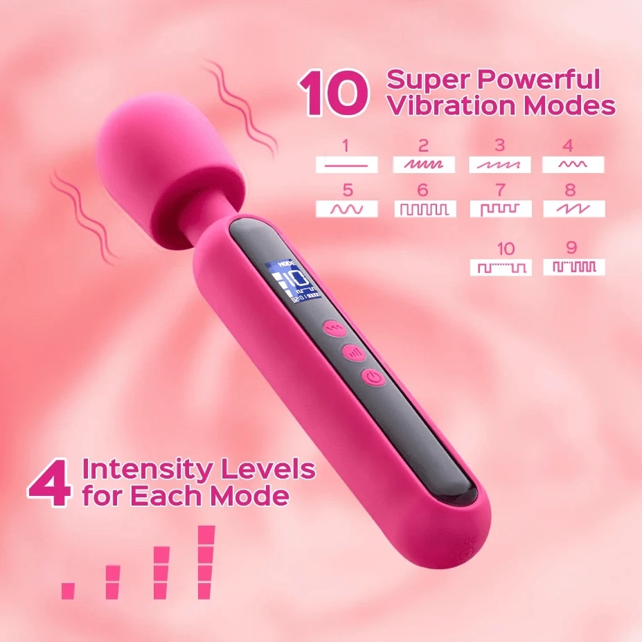 Rose Red Powerful Massage Tool Quiet Motor Percussion Cordless Wand Handheld Massager Vibrator Women Adult Sex Toys with Display