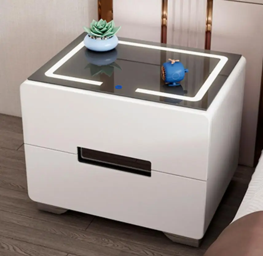 Bedroom Smart Nightstand Bedside Table With Speakers Glass Top Led