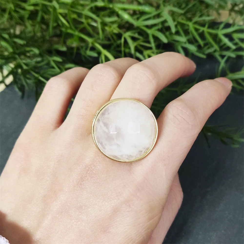 Latest Design Natural Gemstone Jewelry 18k Gold Plated Adjustable Single Stone Ring Big Round Rose Quartz Crystal Women Rings