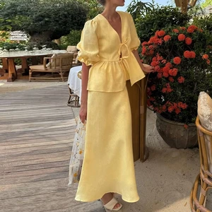 2025 Summer Ruffled 2 Piece-Set Maxi Skirt for Women V-Neck Lace-Up Short Sleeve Shirts Top and Slim High Waist Long Skirt Sets