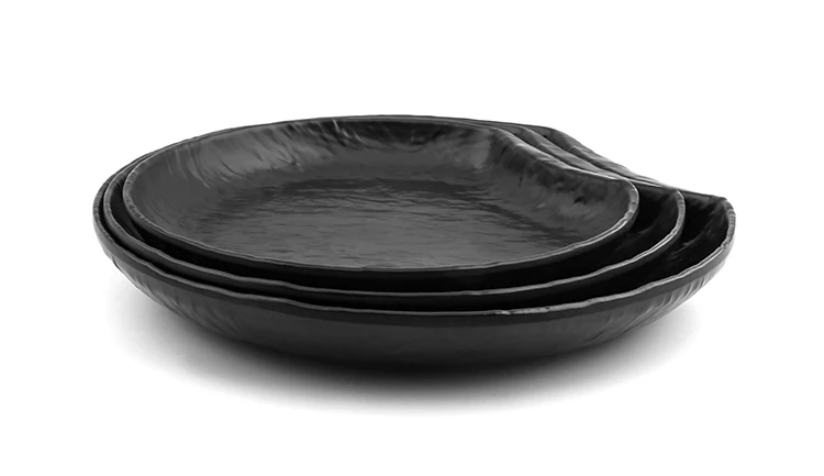 Cheap Rustic Hotel Dishes Plastic Restaurant Frosted Irregular 100% Melamine Plates Print Japanese Sushi Steak Black Custom