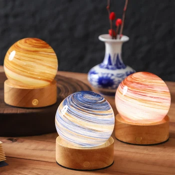 USB Charging All-in-One Starry Sky Night Light Touch Control Glass Wooden Base Sunset 8cm Planets Creates Bedroom Battery