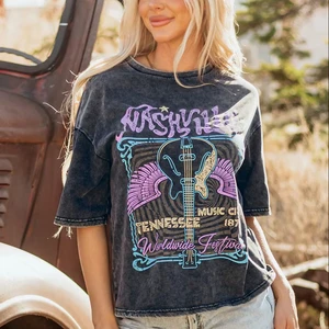 Western Cowboy Indie Music Casual Guitar Pattern Printed Women's Distressed Acid-Washed Crew Neck Oversized T-shirt