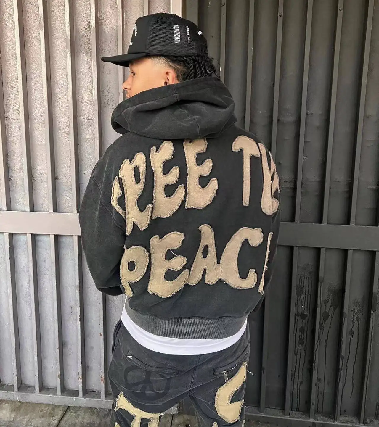 Custom Acid Wash Sweat Suit Cotton French Terry Zip up Tracksuit Applique Zipper Men Sweatpants Hoodie and Jogger Sweat Pant Set gallery 3