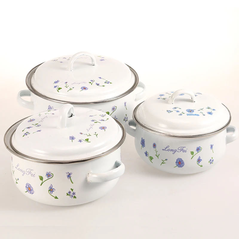 671flower Decal 2 Enamel Handle 3 Pcs Set Enamel Lid Cast Iron Enamel Casserole