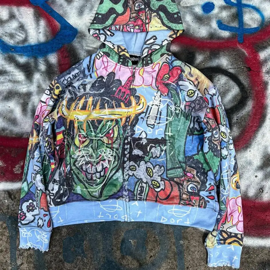 100% pamukdan ogonchuluktuu pullover hoodi, bolup chykgan street-stilindegi bozotulgan oozgorutulgen uzun kolduu jaktyna metal zippere menen