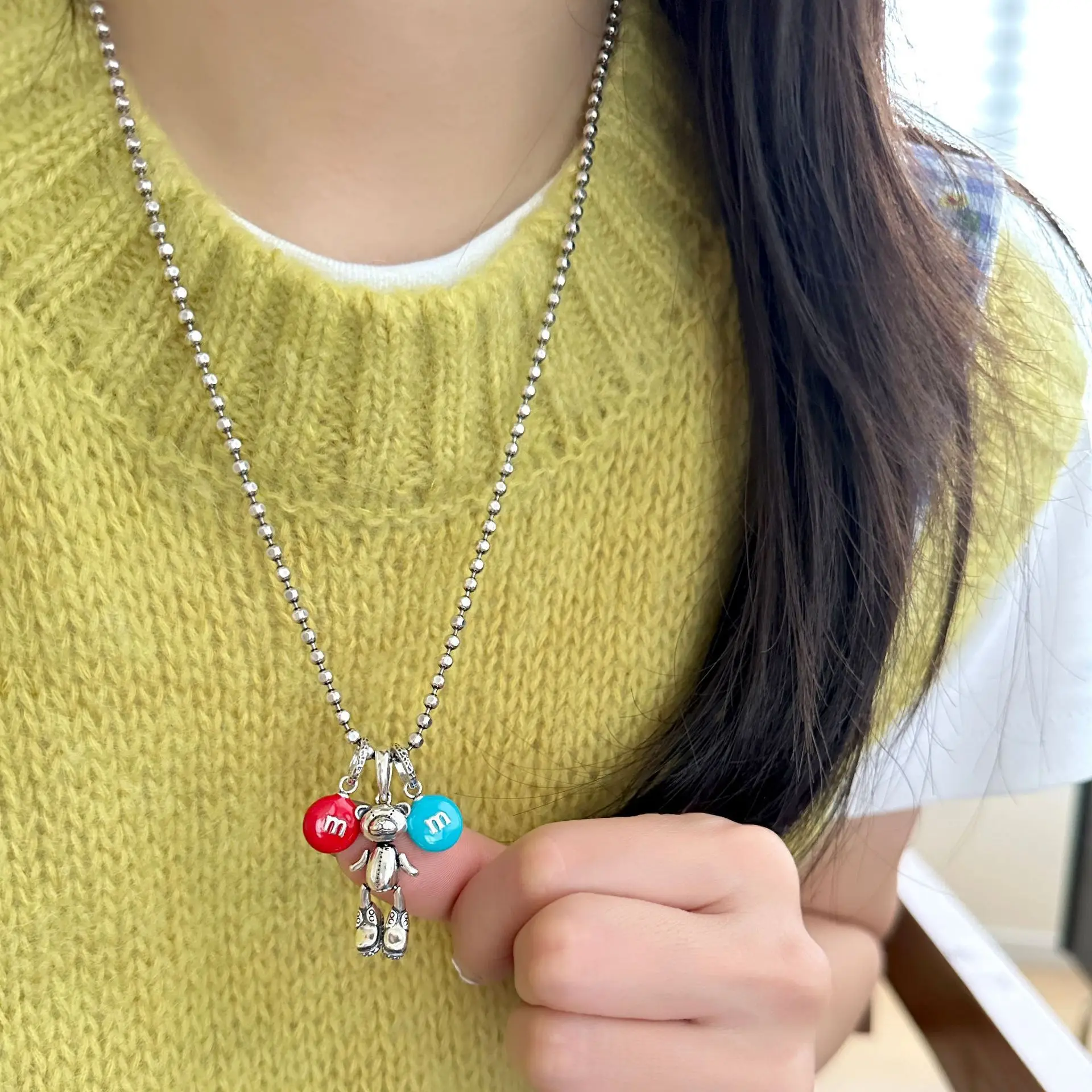 Wenchi S925 Pure Silver Enamel Pull-Out Necklace Simple Fashionable Vintage Style Stackable Design Niche Pendants Charms Made - Image 2
