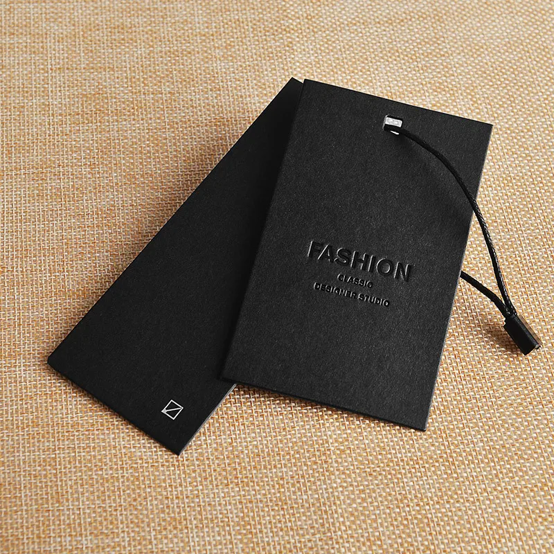 Garment Label Tags Thick Paper Hangtag Black Matte Cardboard Label Luxury Women Bag Clothing Brand Logo Custom Garment Hang Tag