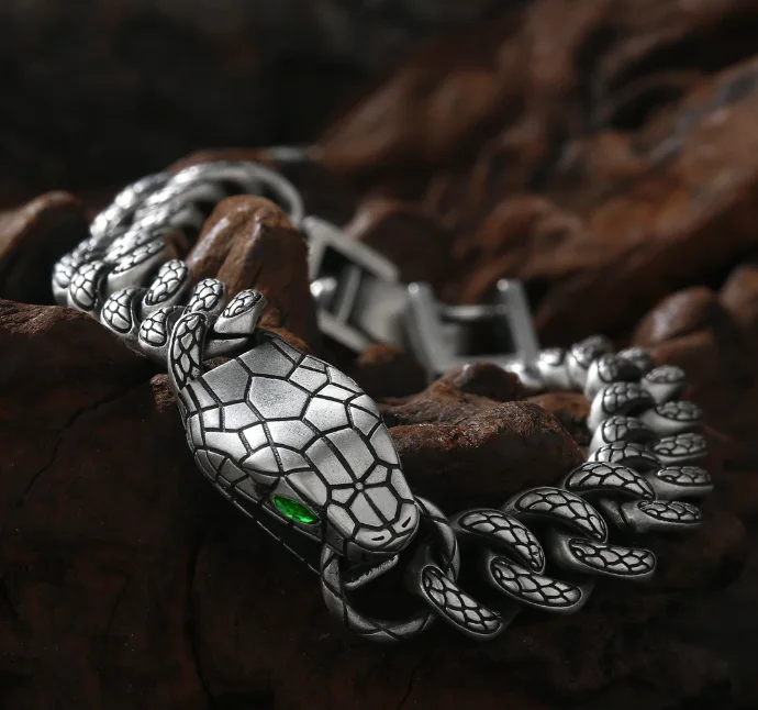 KRKC&CO Antique Silver Plated Snake Bracelet - Cuban Link