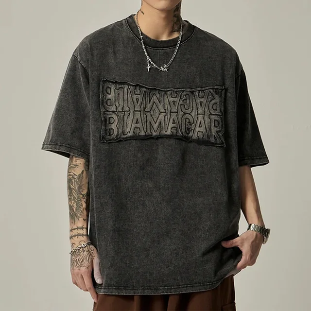 Custom streetwear tshirt oversize man heavy cotton t shirt drop shoulder Washed Patchwork Heavyweight Short Sleeve T-Shirt