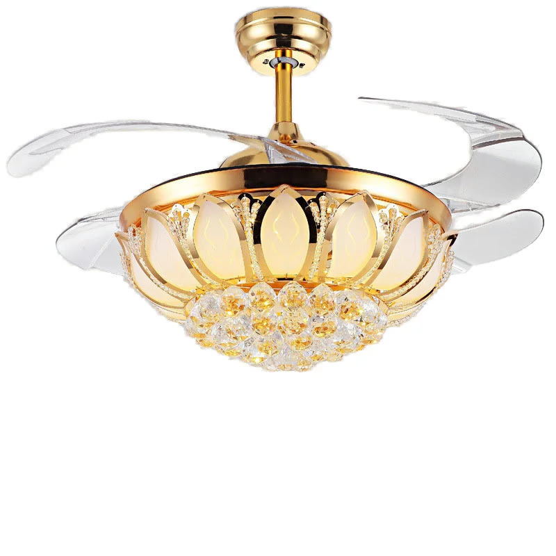 Đèn LED pha lê hiện đại gắn trần có điều khiển từ xa, cánh ABS, 4 cánh, động cơ DC, giải pháp chiếu sáng cho gia đình