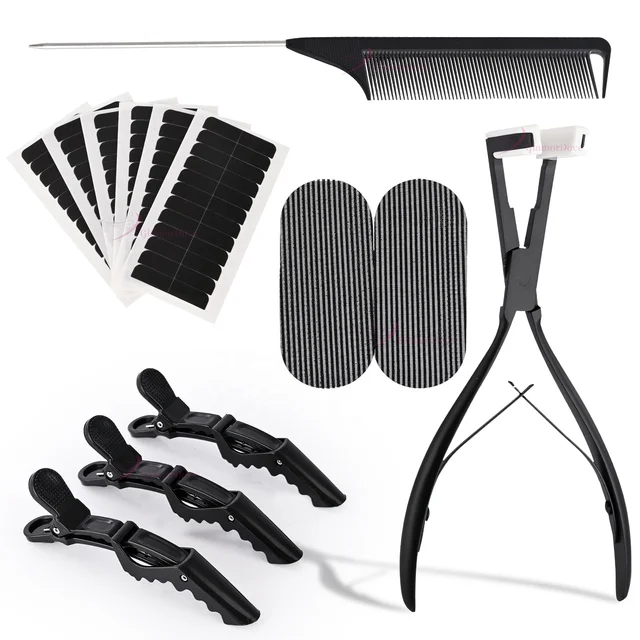 GlamorDove Custom Logo Tape In Hair Extension Tools Kit With Replacement Tapes, Pliers, Gripper, Clips and Combs