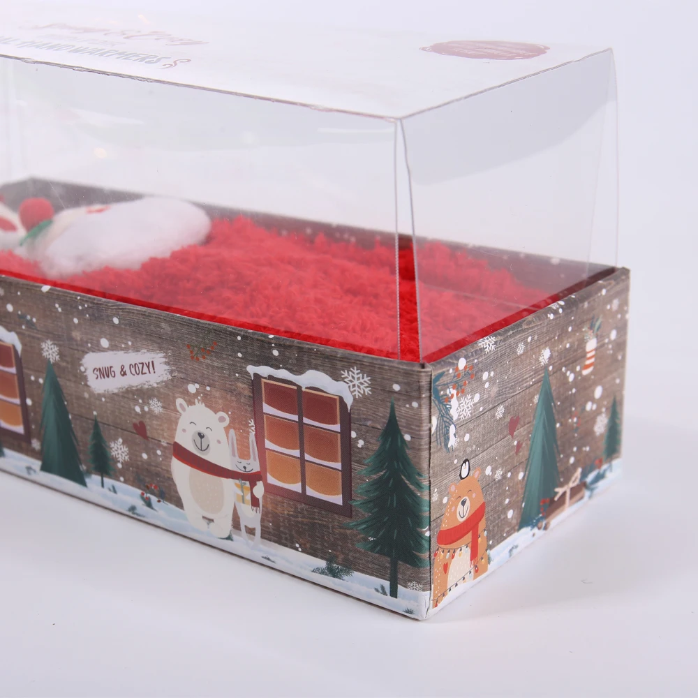 Scatola personalizzata per il confezionamento di calze con copertina trasparente e logo unico, in cartone 'Cielo e Terra'