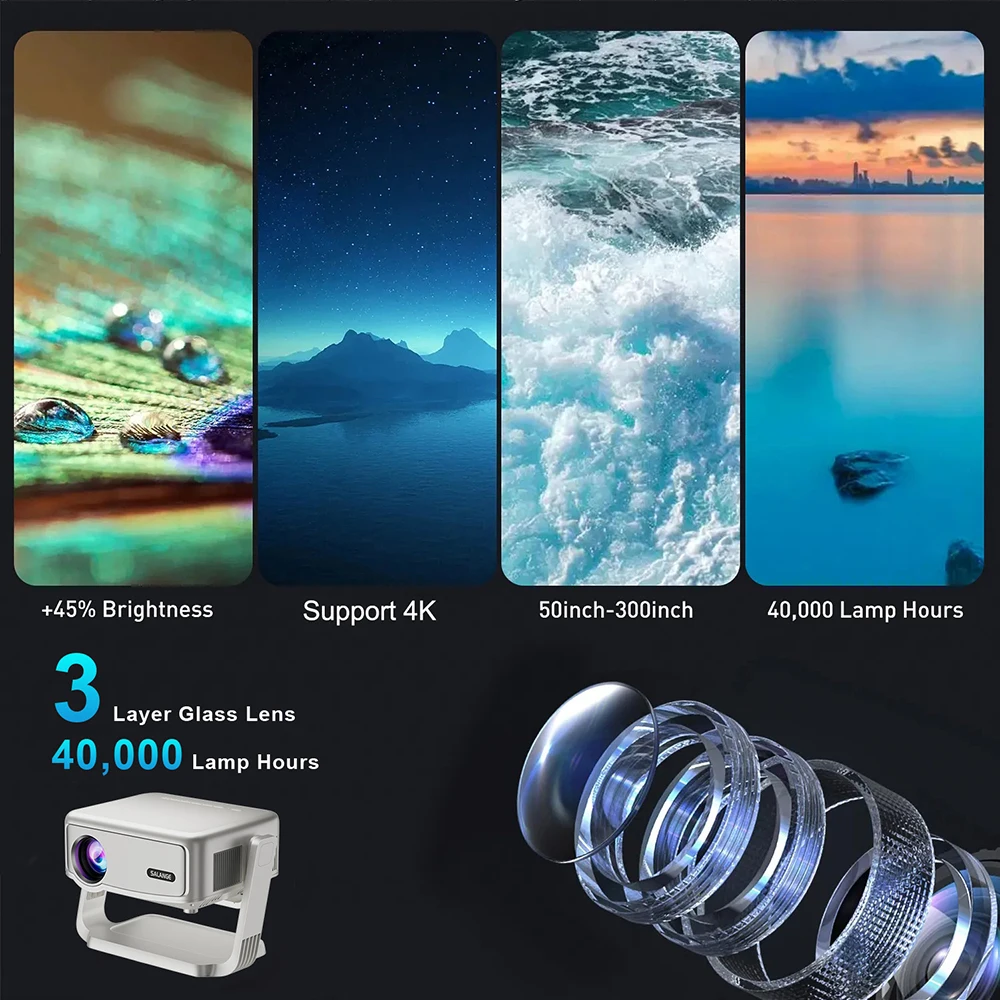 Salange High Quality P90 Android Smart WIFI Projector Portable Auto HD Projector Home Theater 4K Projector