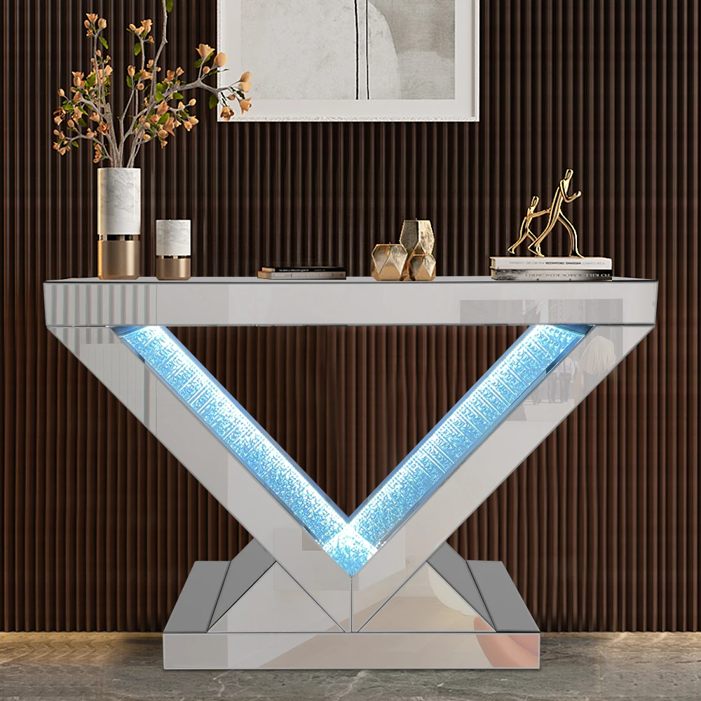 Luxury Gold  Living Room Glass Furniture Table  Mirrored Console Table with LED Wall Mirror