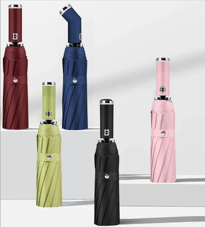Automatic Open Close Compact Led Umbrella Flashlight 3 Folding Umbrella With Reflective