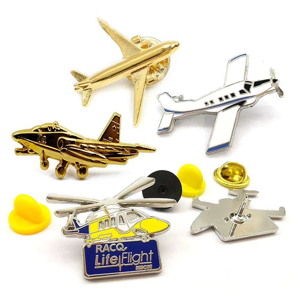 Custom Metal 3d logo Enamel Helicopter Airplane Lapel Pin Badge Gold Silver Plated Fancy Aircraft Pin with Engraving
