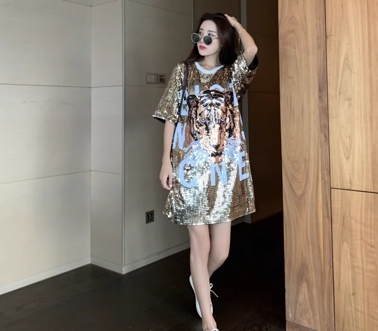 Custom Wholesale Animal Tiger Sequin Jersey Dress Bling Sequined Shirt  Girls Sequins Dresses Clothes Wholesale