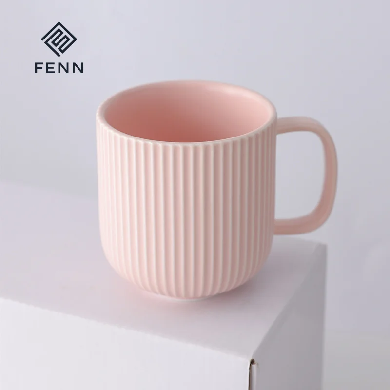 Home drinkware round striped matte pink porcelain teacups ceramic coffee mug set of 4 for gift or restaurant