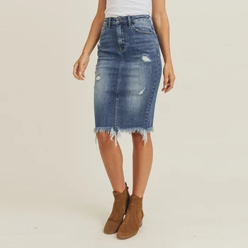 Women Fashion Denim Pencil Skirt High Waisted Blow Knee Button Blue Jeans Skirts jeans jupe