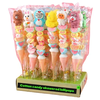 OEM Halal candy creative cartoon shaped long cotton candy skewers  lollipops marshmallow lollipop stick cotton candy