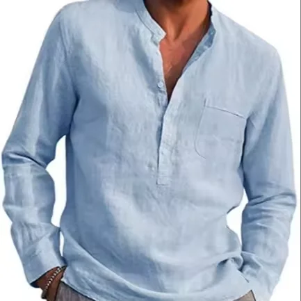 Men's Long Sleeve V-neck Casual Beach Linen Shirt