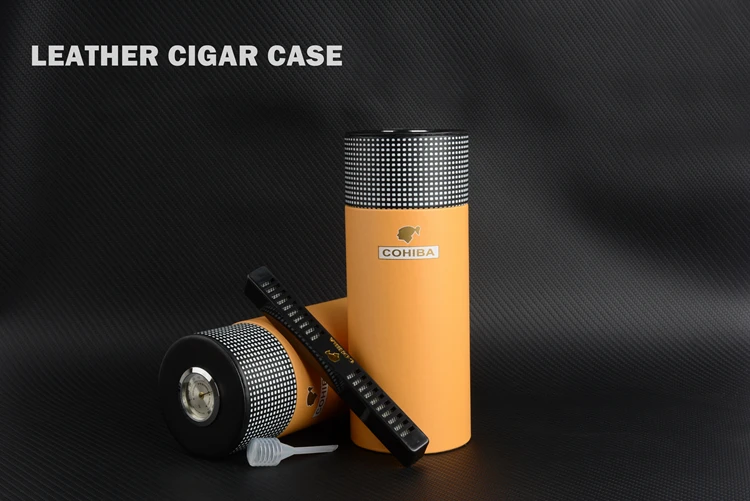 Cylinder Leather Travel Humidor Cigar Box Cedar Wood Portable Cigar