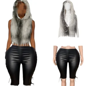 Viviblook Z1226ST02 Women Cropped Pants Set Sexy Hooded Sleeveless Fur Tank Top Lace Up Pu Skinny Pants Outfits 2 Pieces Set