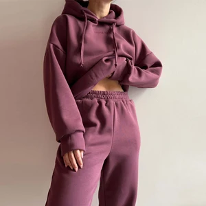 Manufacturer Custom Hoodie and Sweatpants Tracksuit Set Blank 500 GSM 100% Cotton Fleece Heavyweight Sweatsuit for Women