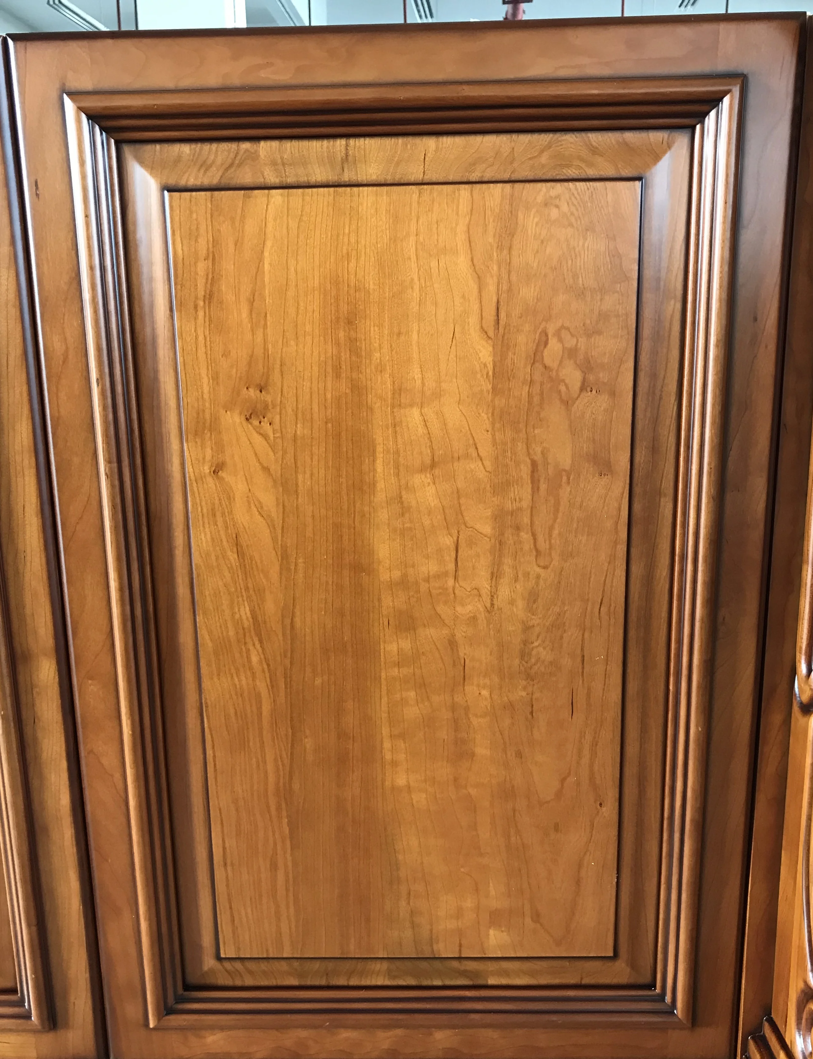 Antique American Style Red Cherry Kitchen Cabinet Designs With Evident Cherry Grain and Gold Touches