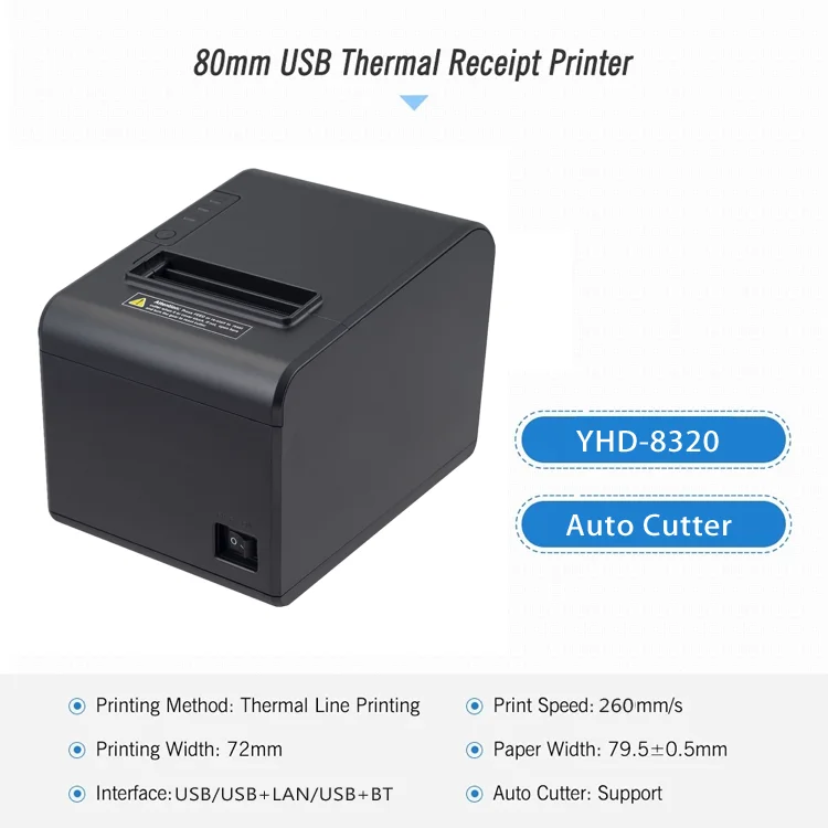 80mm Thermal Receipt Printer 203DPI USB LAN BT Optional Auto Cutter for POS System and Cash Drawer
